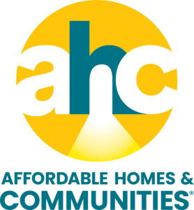 Logo for Affordable Homes & Communities, consisting of a circular yellow background with the letters "a", "h", and "c" inside, and teal text at the bottom spelling out Affordable Homes & Communities.